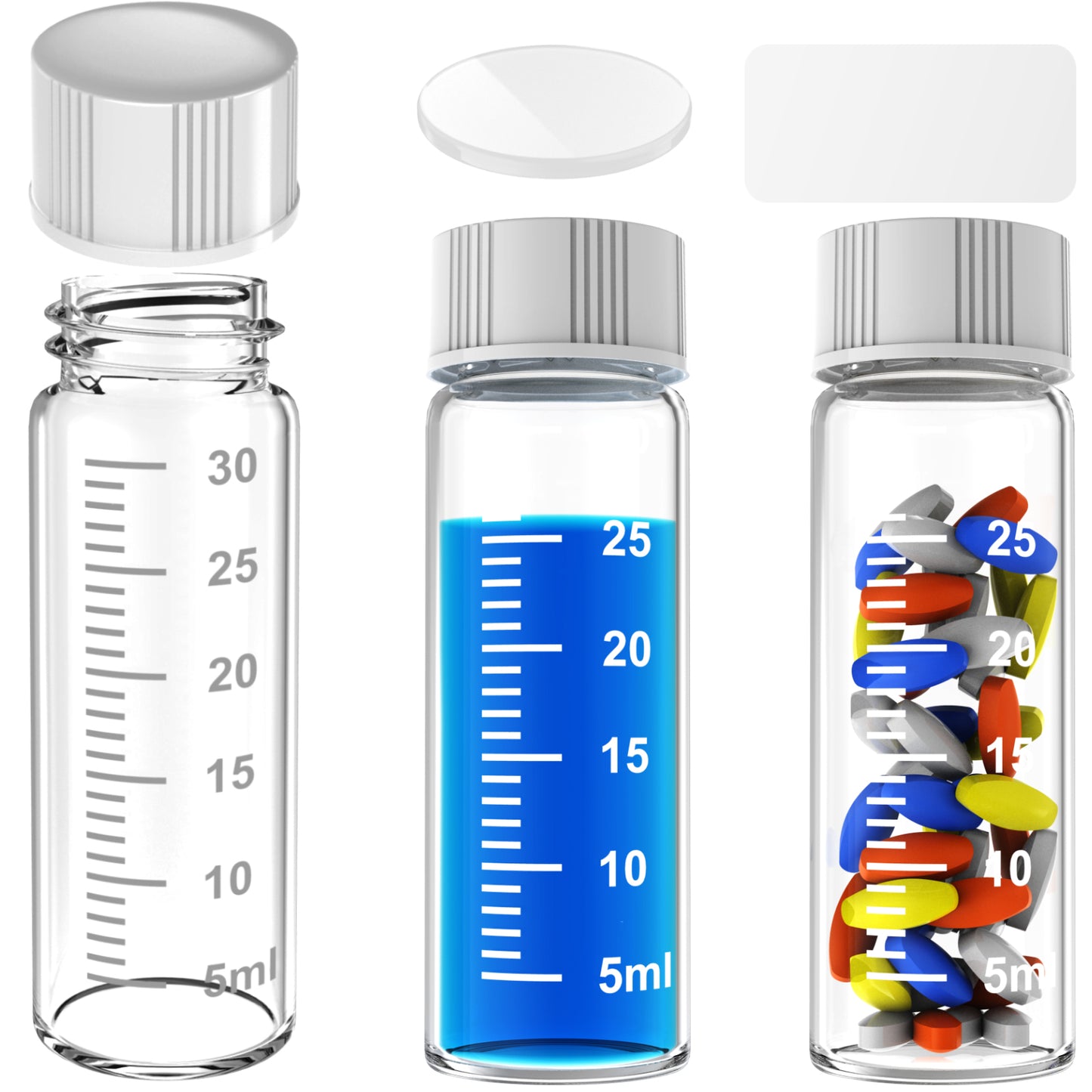 Sterile Glass Vials with Black/White Screw Cap White Graduation Leak Proof Great for Liquid Dividing,Powder Storage ,Pill Case,Amber,Clear