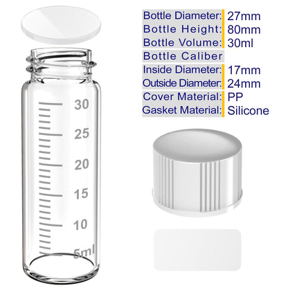 Sterile Glass Vials with Black/White Screw Cap White Graduation Leak Proof Great for Liquid Dividing,Powder Storage ,Pill Case,Amber,Clear