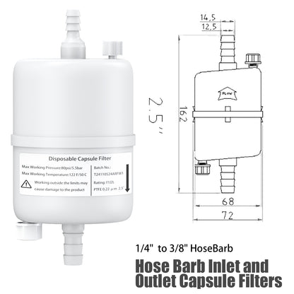 PTFE /PES Capsule Filters with Hose Barb for 1/4" to 3/8" Tube Sterile Filling Bell Filter Pore Size 0.22um Length 2.5" Individual Packaging,1/pk