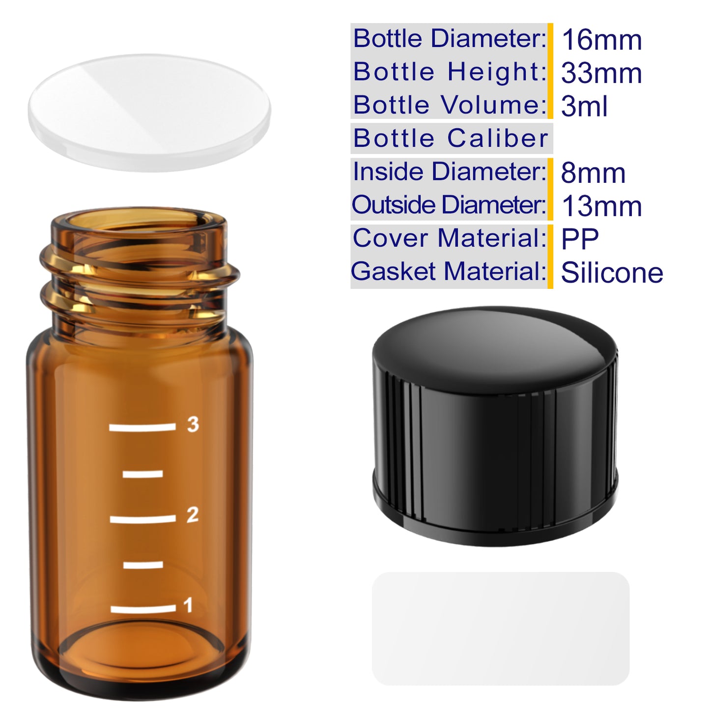 Sterile Glass Vials with Black/White Screw Cap White Graduation Leak Proof Great for Liquid Dividing,Powder Storage ,Pill Case,Amber,Clear