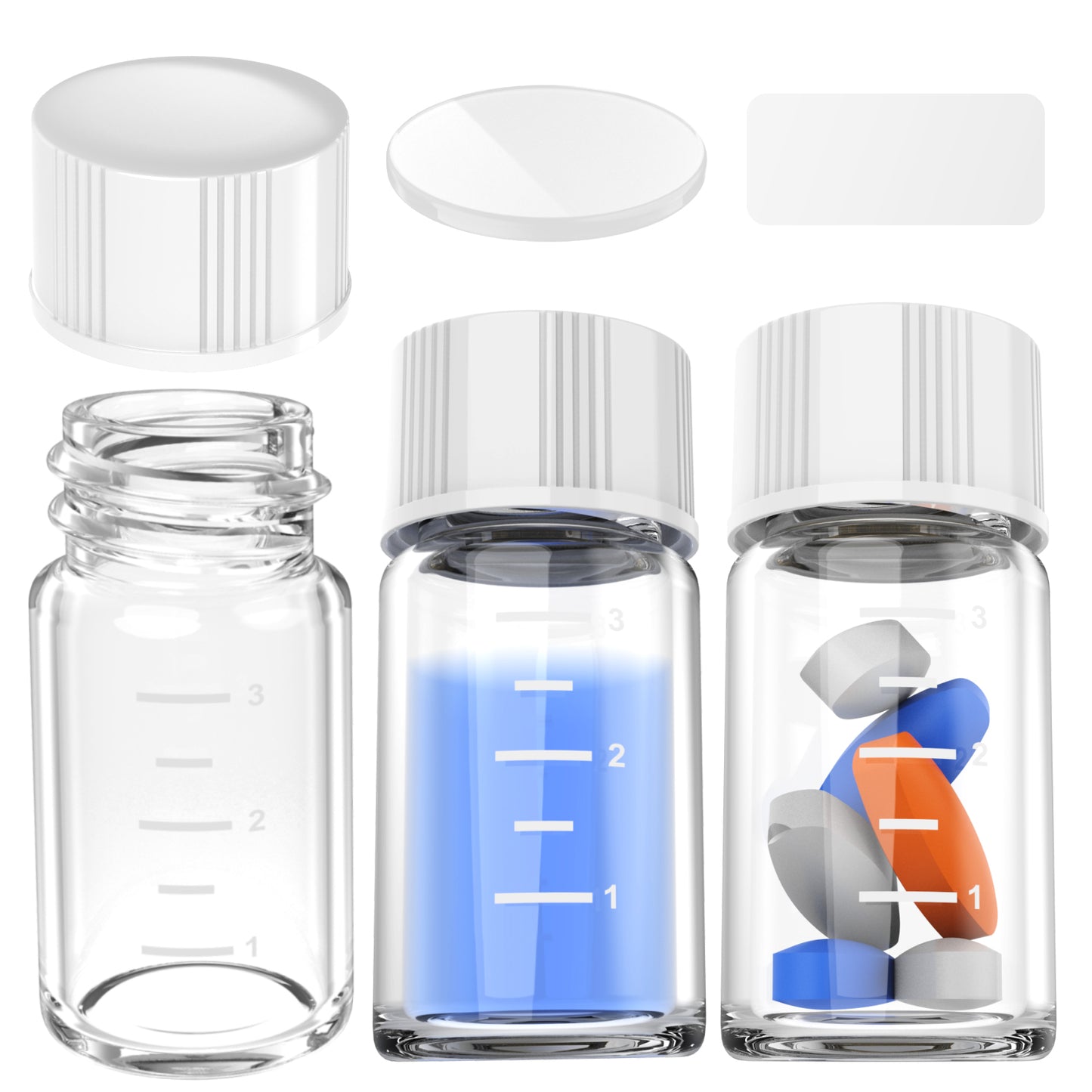 Sterile Glass Vials with Black/White Screw Cap White Graduation Leak Proof Great for Liquid Dividing,Powder Storage ,Pill Case,Amber,Clear