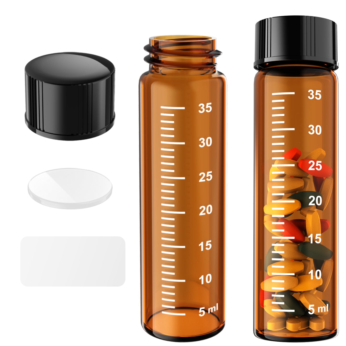 Sterile Glass Vials with Black/White Screw Cap White Graduation Leak Proof Great for Liquid Dividing,Powder Storage ,Pill Case,Amber,Clear