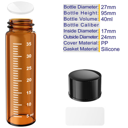 Sterile Glass Vials with Black/White Screw Cap White Graduation Leak Proof Great for Liquid Dividing,Powder Storage ,Pill Case,Amber,Clear