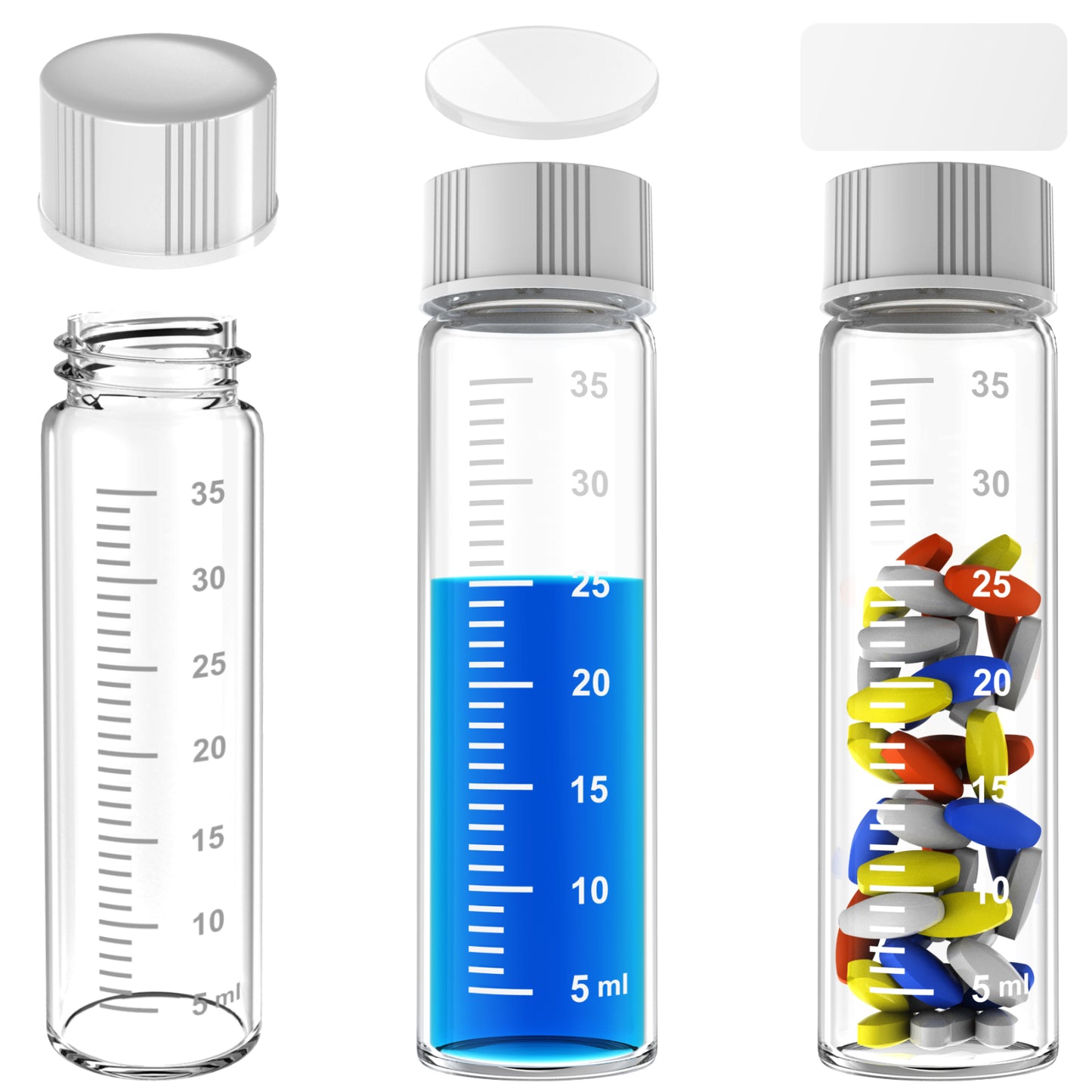 Sterile Glass Vials with Black/White Screw Cap White Graduation Leak Proof Great for Liquid Dividing,Powder Storage ,Pill Case,Amber,Clear