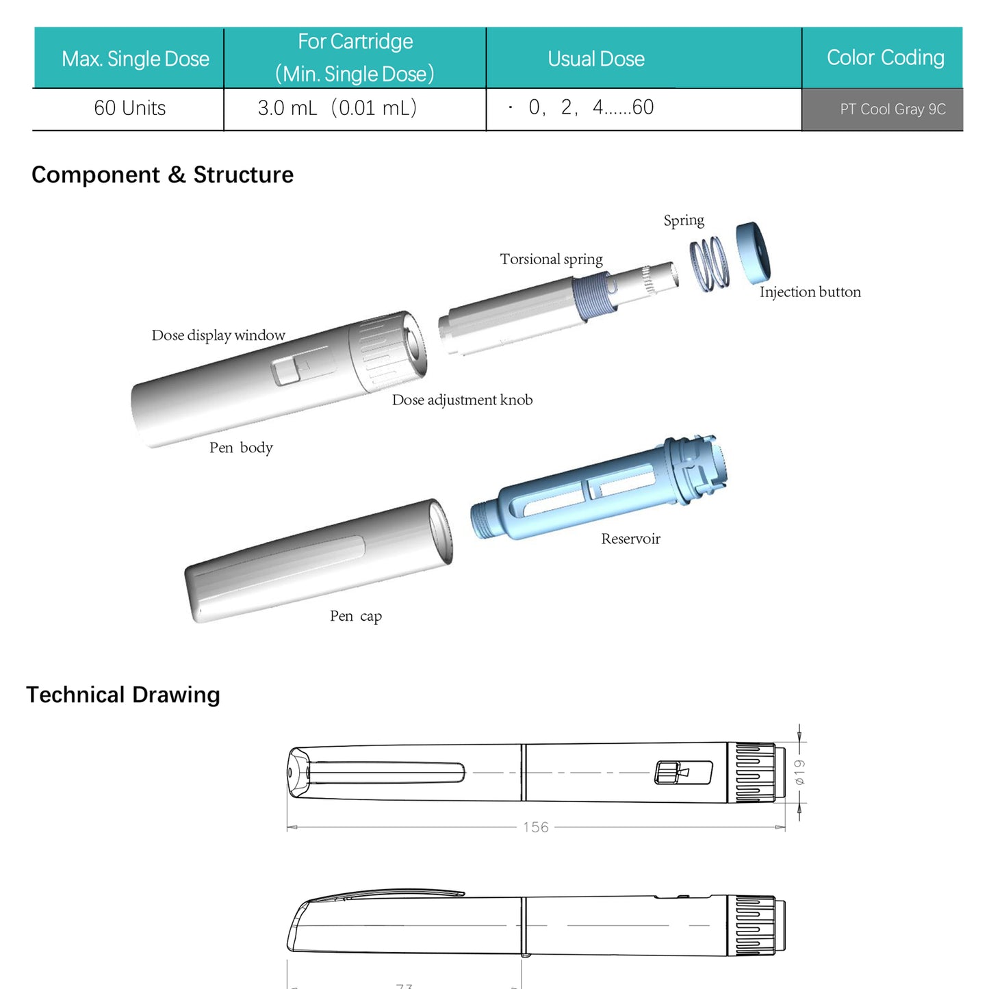 60 Unit Disposable Pen Injector Adjustable Dose Dial,Delivery Pen Compatible with 1.5/1.8/3mL Cartridges,1pcs