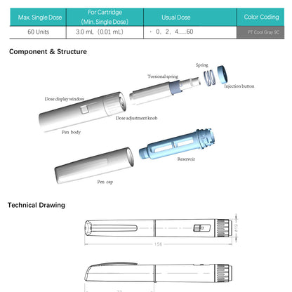 60 Unit Disposable Pen Injector Adjustable Dose Dial,Delivery Pen Compatible with 1.5/1.8/3mL Cartridges,1pcs