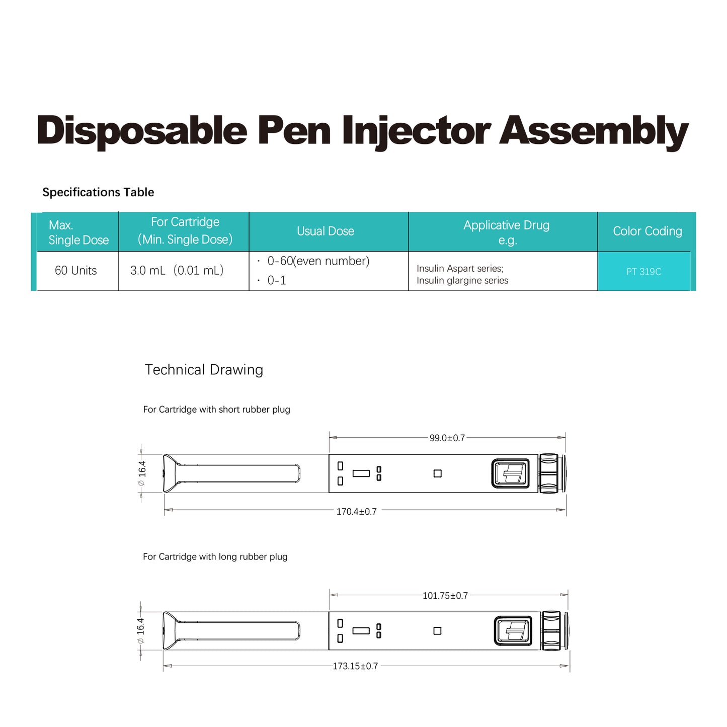60 Unit Disposable Pen Injector Adjustable Dose Dial,Delivery Pen Compatible with 1.5/1.8/3mL Cartridges,1pcs