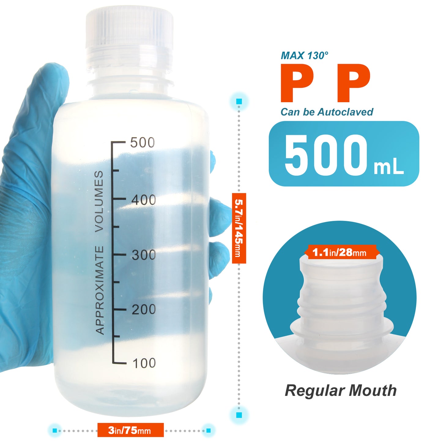 Reagent Plastic Bottle , Wide Mouth/Regular Mouth Translucent Reusable Liquid Containers with Black Scale and Caps for Classrooms, Storage at Home, or Laboratories