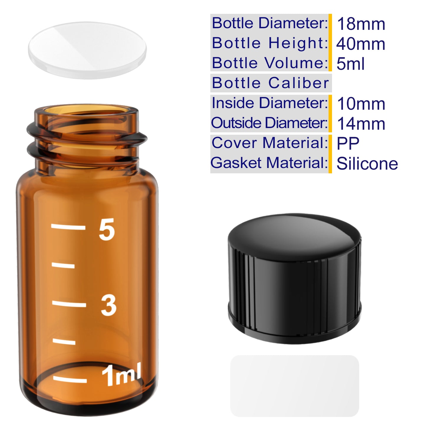 Sterile Glass Vials with Black/White Screw Cap White Graduation Leak Proof Great for Liquid Dividing,Powder Storage ,Pill Case,Amber,Clear