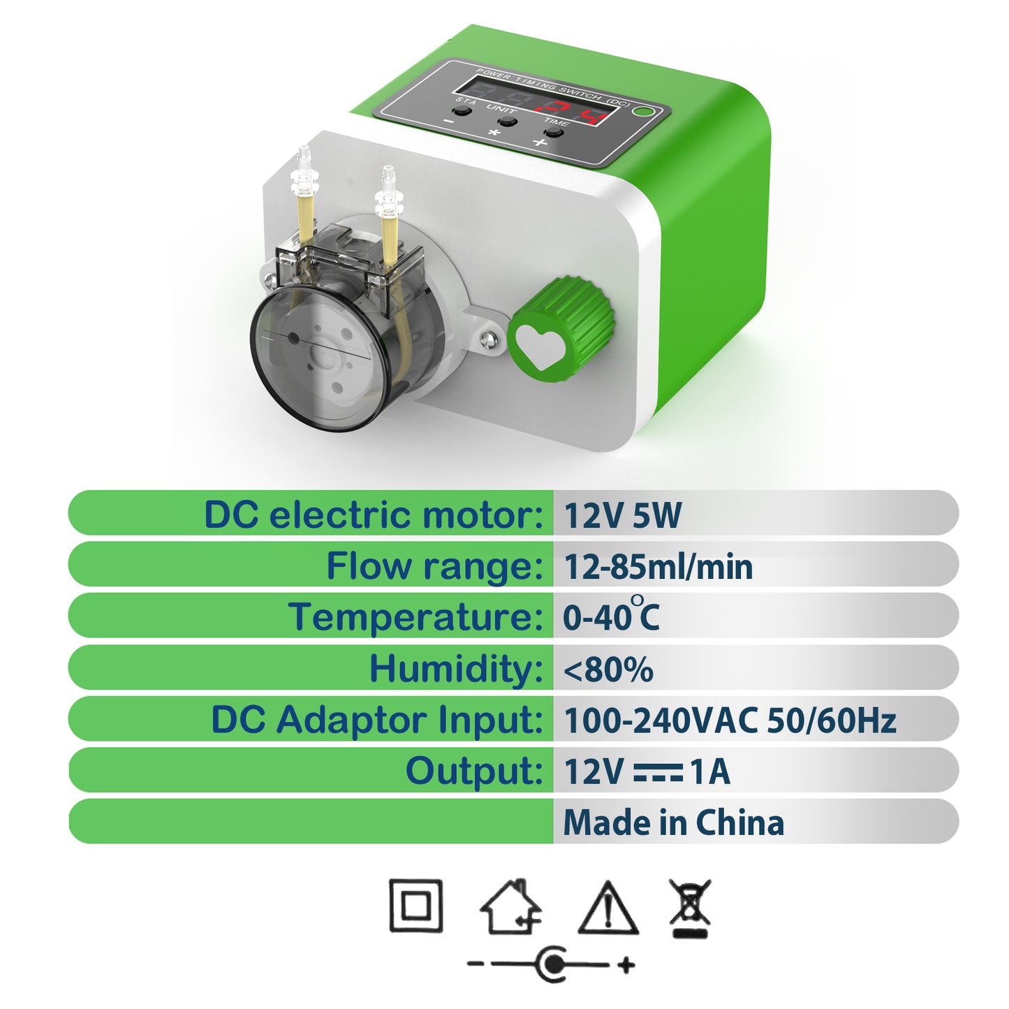 Peristaltic Dosing Pump 0-85ml/min Adjustable Low Flow Rate Liquid Transfer ,12V Timed Pump for Labs, Home,Aquariums, Feeding
