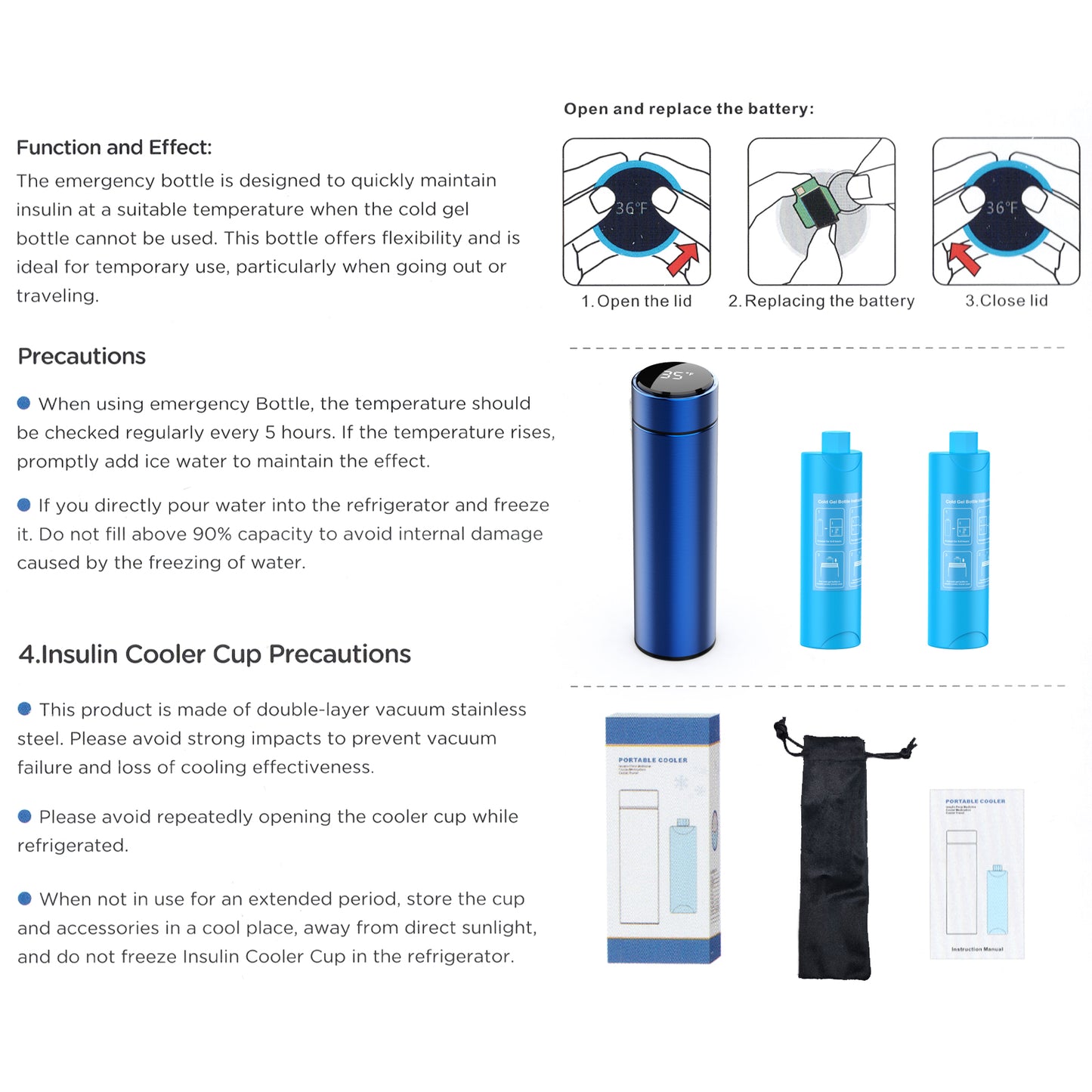 Insulin Cooler Travel Case, 60H- Reusable Cooler with Temperature Probe and Display Screen for Insulin Pens, Long Trips Lightweight Design Thermos,1pcs