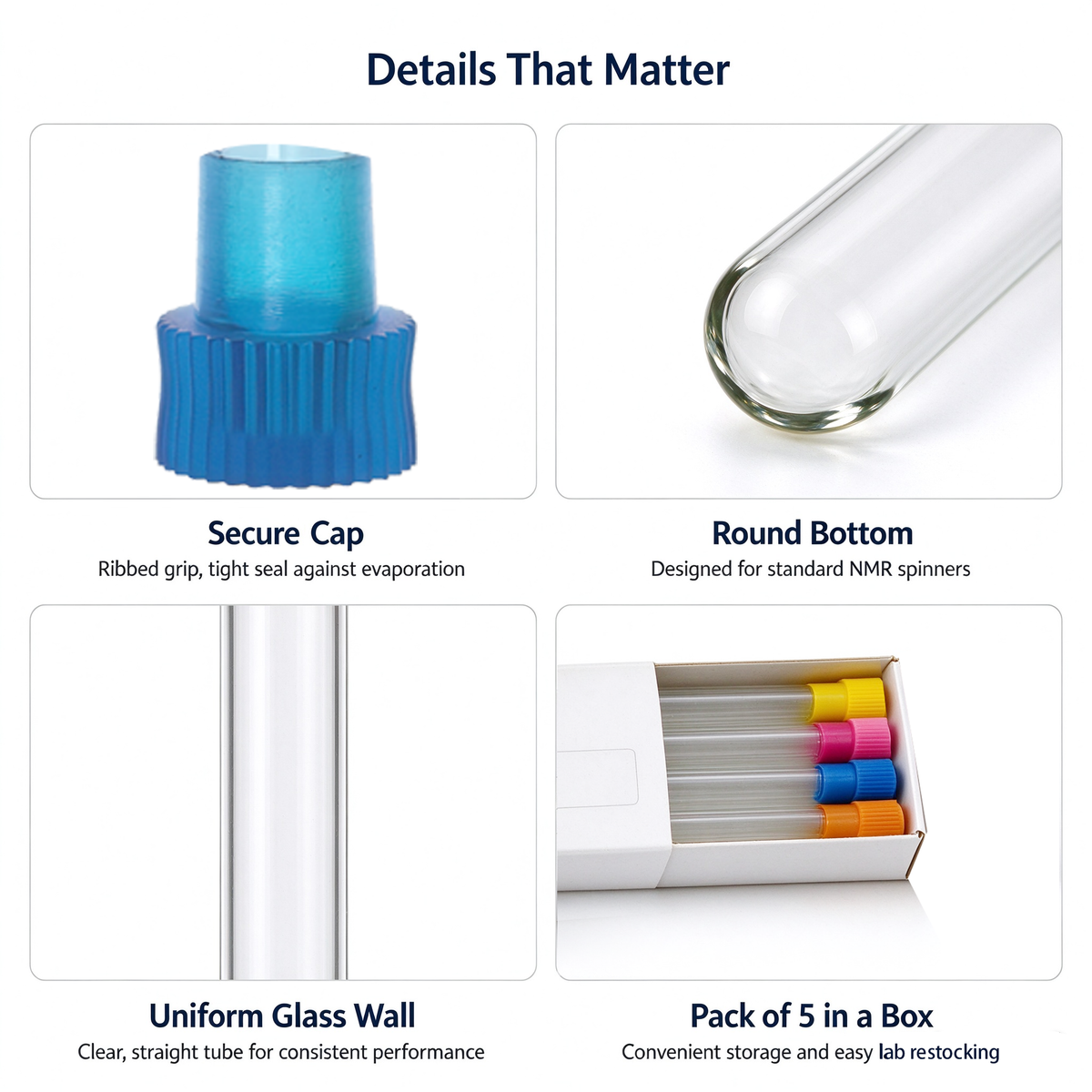 NMR Tubes , Ultra-Clear Borosilicate Glass Lab Tubes with Caps, 5 mm Diameter, for Laboratory , Test, Nuclear Magnetic Research ,10 pcs/20 pcs/50 pcs