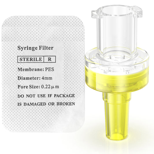 Sterile hydrophilic Syringe Filters,PES Membrane 0.22μm Pore Size,4mm Diameter,10pcs/25pcs/50pcs/100 Pcs Individually Packed,yellow