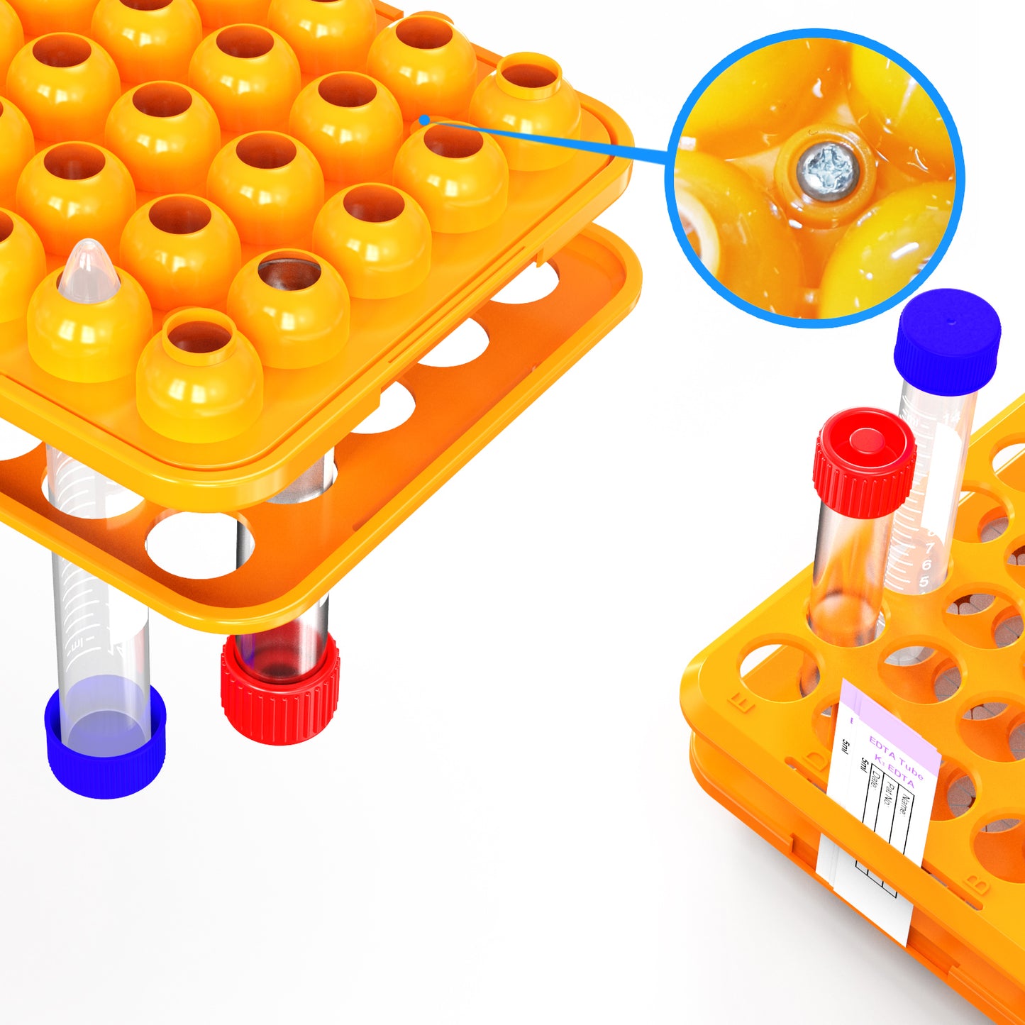 18mm Test Tube Rack Orange Plastic Centrifuge Tube Racks with Silicone Pad Tubes 50 Positions for 5ml,10ml,15ml