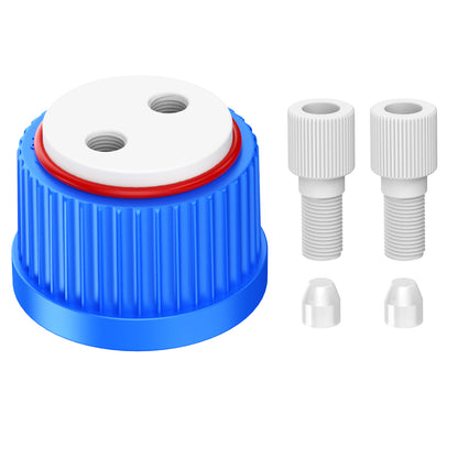 GL32 Lab Safety Cap with 1/4"-28 Thread Inserts Hole,Port Cap Adapter and ETFE Fitting, GL32 Solvent Delivery Cap for 1/8" /2mm OD PTFE Tubing