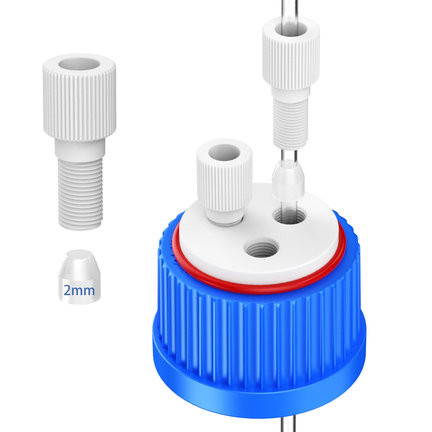 GL32 Lab Safety Cap with 1/4"-28 Thread Inserts Hole,Port Cap Adapter and ETFE Fitting, GL32 Solvent Delivery Cap for 1/8" /2mm OD PTFE Tubing