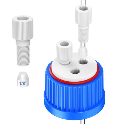 GL32 Lab Safety Cap with 1/4"-28 Thread Inserts Hole,Port Cap Adapter and ETFE Fitting, GL32 Solvent Delivery Cap for 1/8" /2mm OD PTFE Tubing