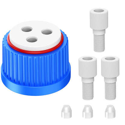 GL32 Lab Safety Cap with 1/4"-28 Thread Inserts Hole,Port Cap Adapter and ETFE Fitting, GL32 Solvent Delivery Cap for 1/8" /2mm OD PTFE Tubing