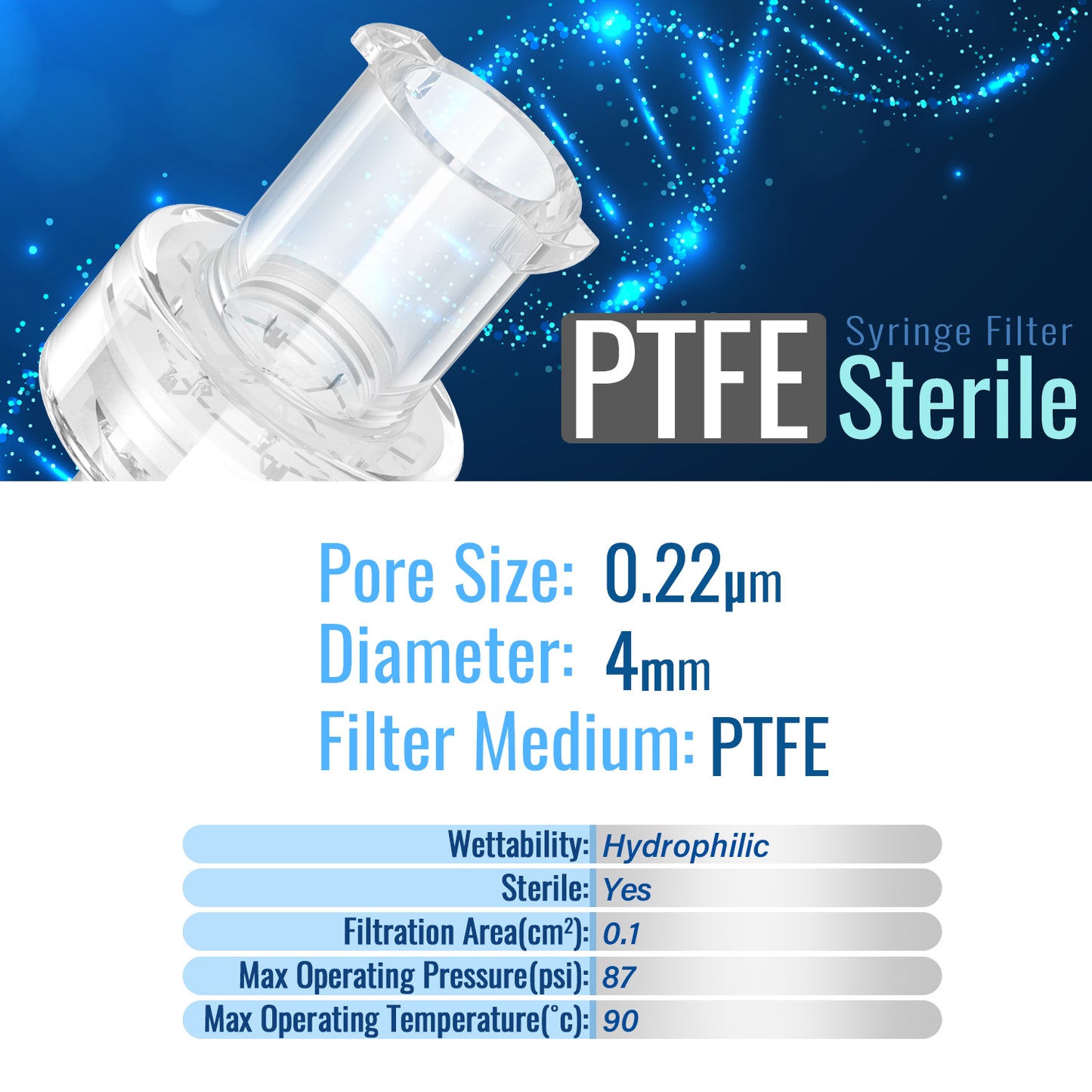 Sterile hydrophilic Syringe Filter,PTFE Membrane 0.22um/0.45μm Pore Size,4mm Diameter,10pcs/25pcs/100 Pcs Individually Packed by Ks-Tek