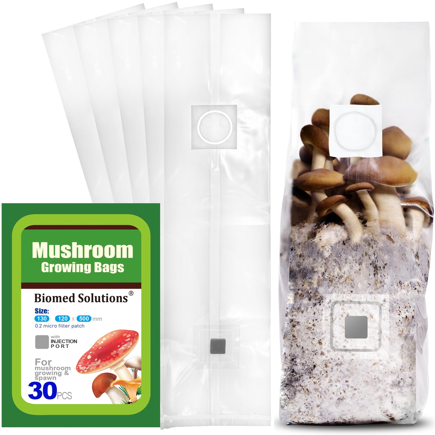 Mushroom Grow Bags with Injection Port and 0.2 Micron Gas Exchange Filter Patch, 6 Mil Polystyrene Grow Bag for Edible Mycelium Grain Cultivation