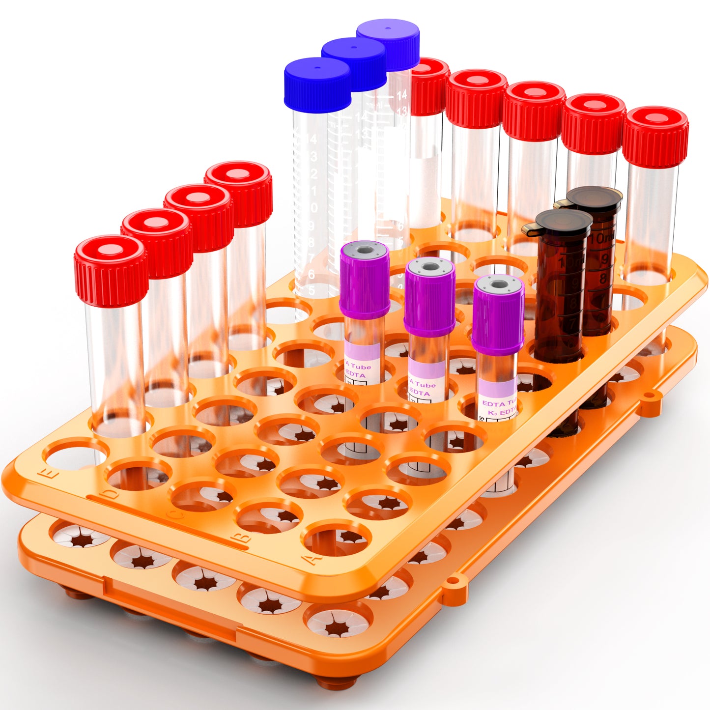 18mm Test Tube Rack Orange Plastic Centrifuge Tube Racks with Silicone Pad Tubes 50 Positions for 5ml,10ml,15ml