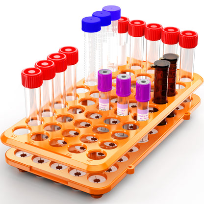 18mm Test Tube Rack Orange Plastic Centrifuge Tube Racks with Silicone Pad Tubes 50 Positions for 5ml,10ml,15ml