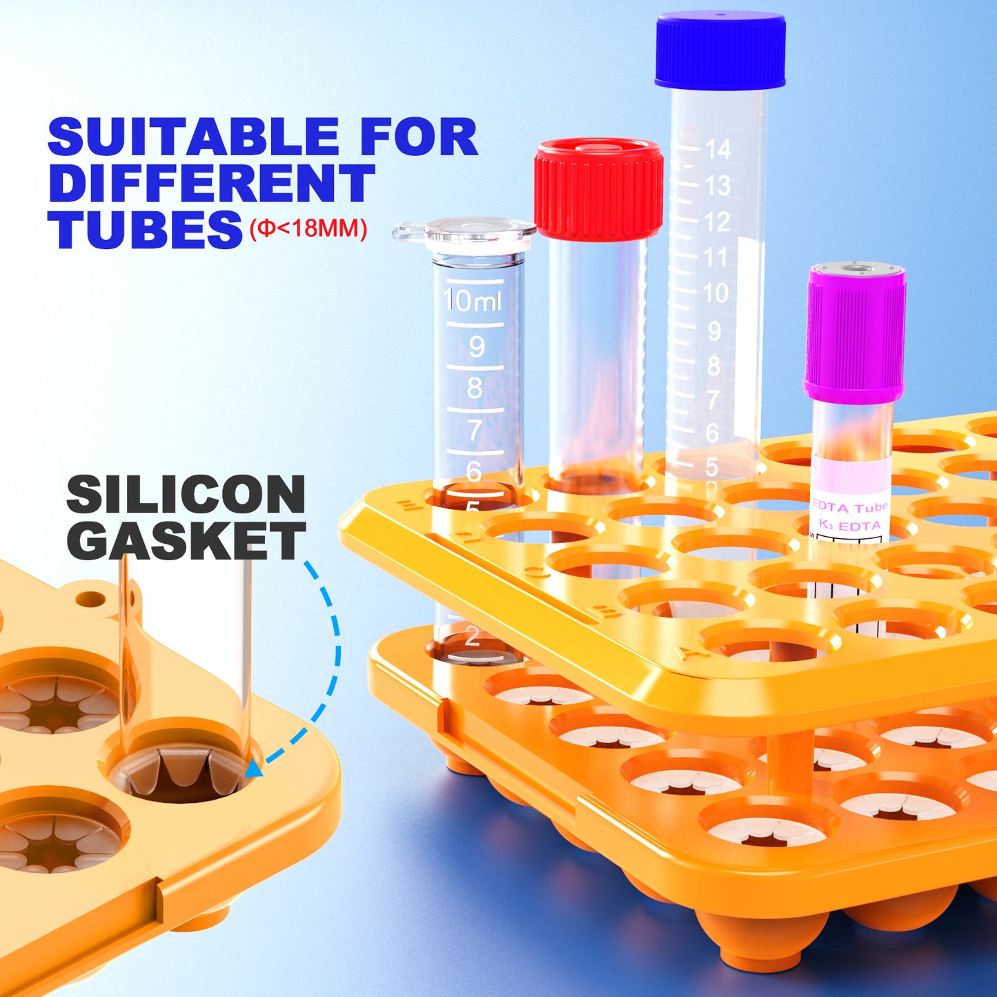 18mm Test Tube Rack Orange Plastic Centrifuge Tube Racks with Silicone Pad Tubes 50 Positions for 5ml,10ml,15ml