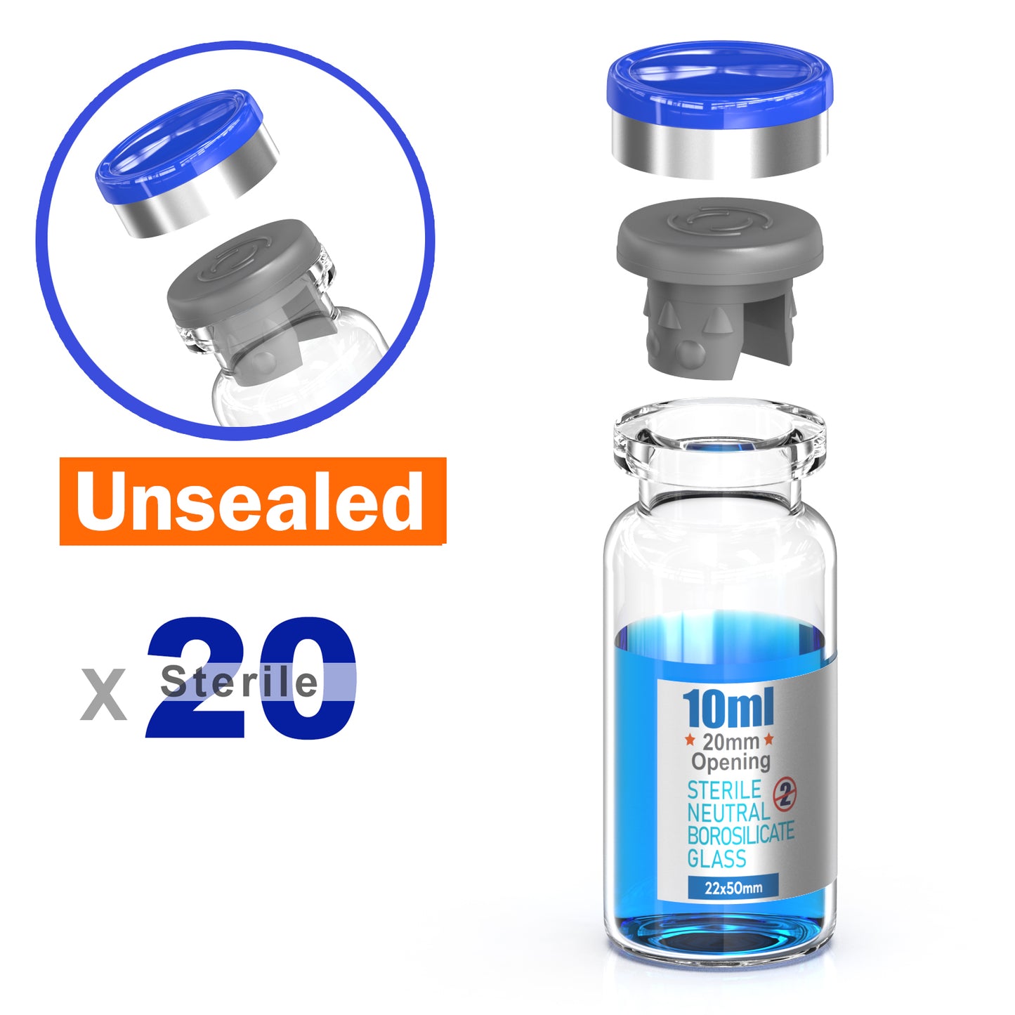 Sterile Glass Vials With Separate Rubber Stopper and Cap Need to Crimped With Pliers sterile Packaged 20pcs