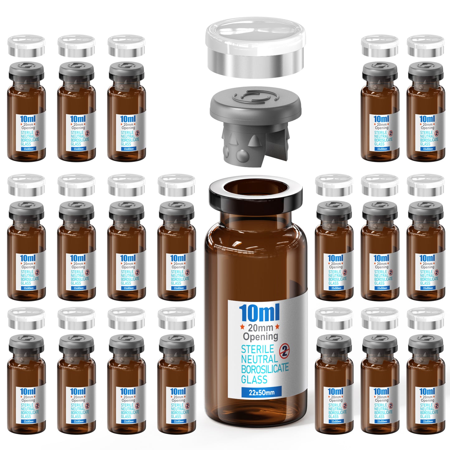 Sterile Glass Vials With Separate Rubber Stopper and Cap Need to Crimped With Pliers sterile Packaged 20pcs