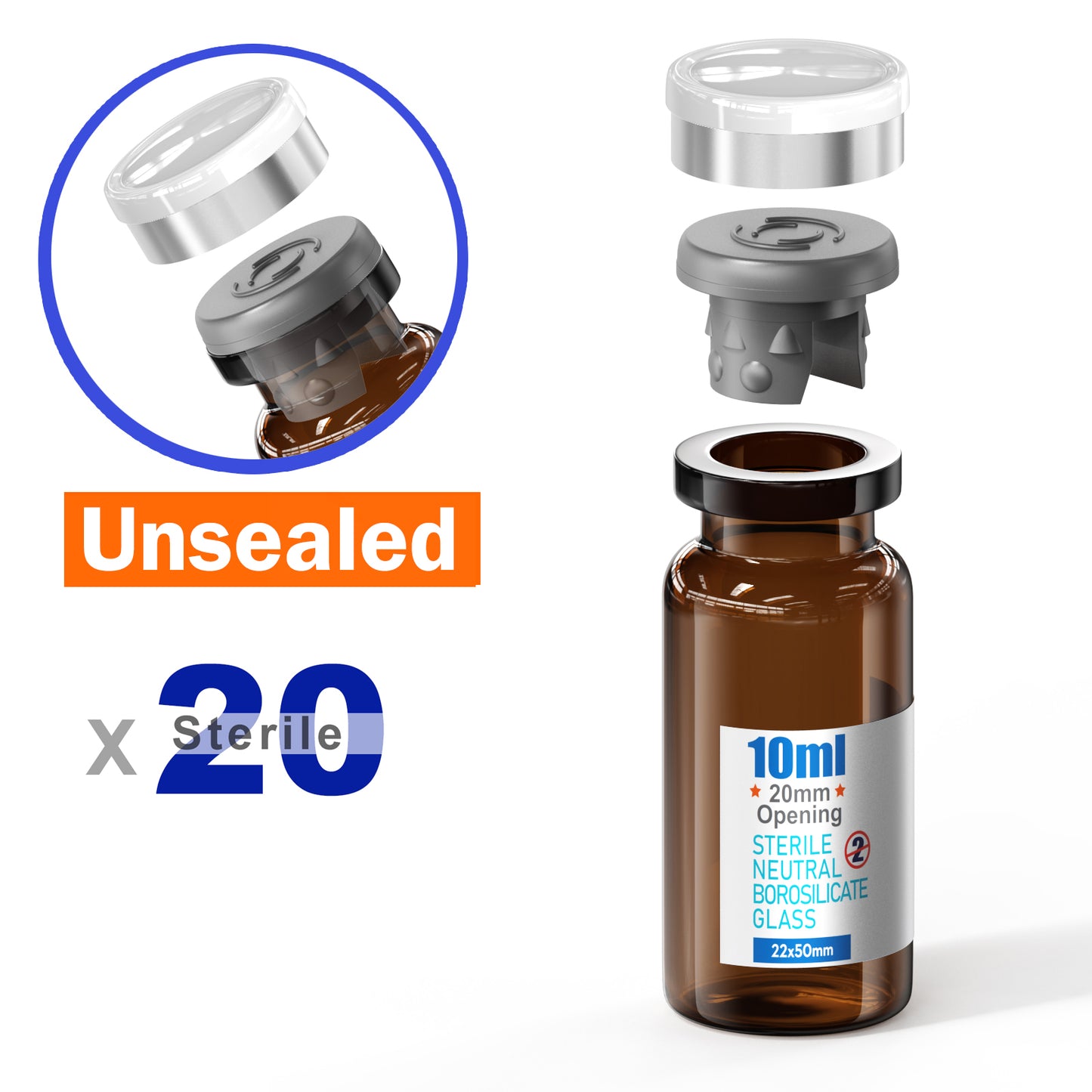 Sterile Glass Vials With Separate Rubber Stopper and Cap Need to Crimped With Pliers sterile Packaged 20pcs