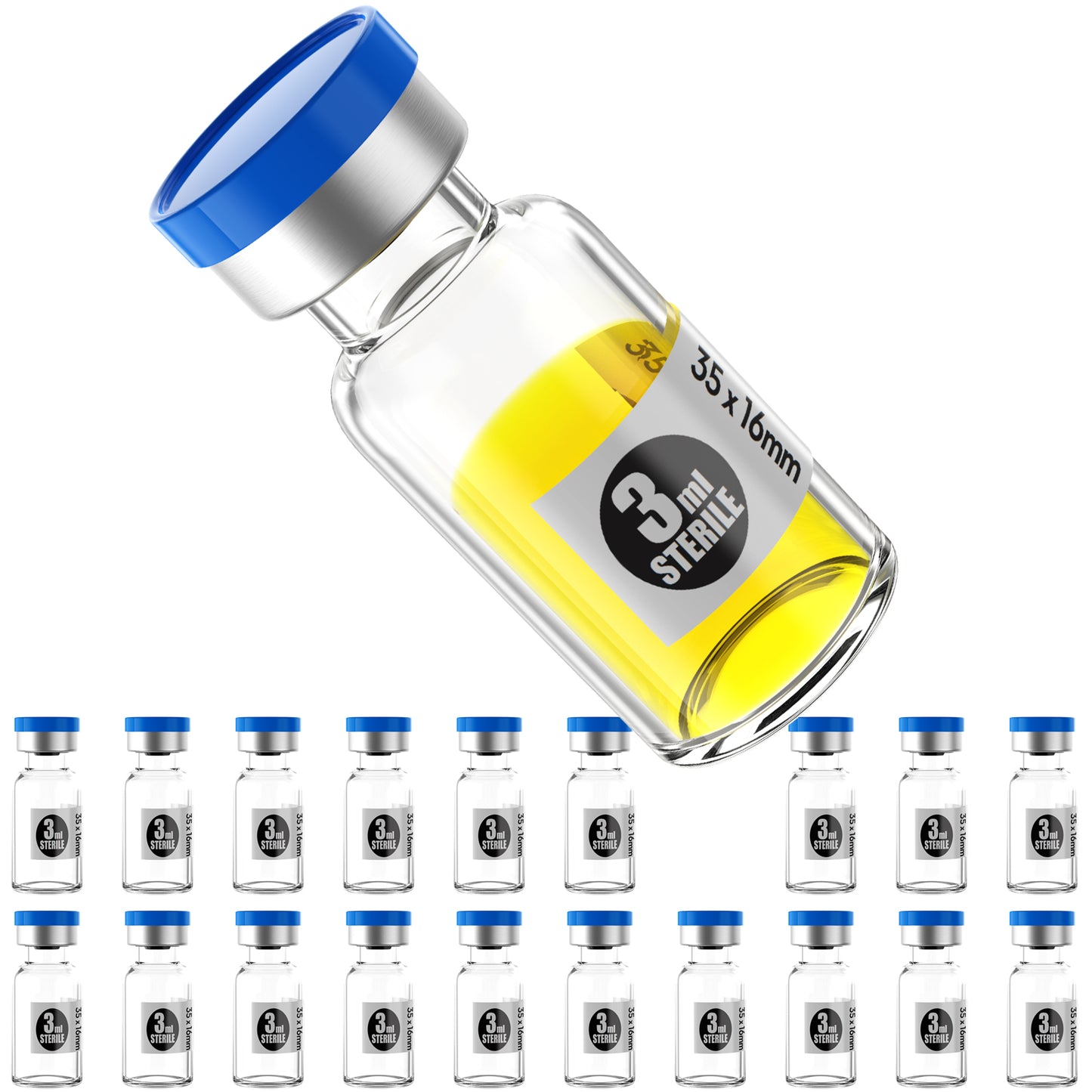 200 pcs 3ml clear vials with rubber stopper and blue aluminum plastics caps,sealed