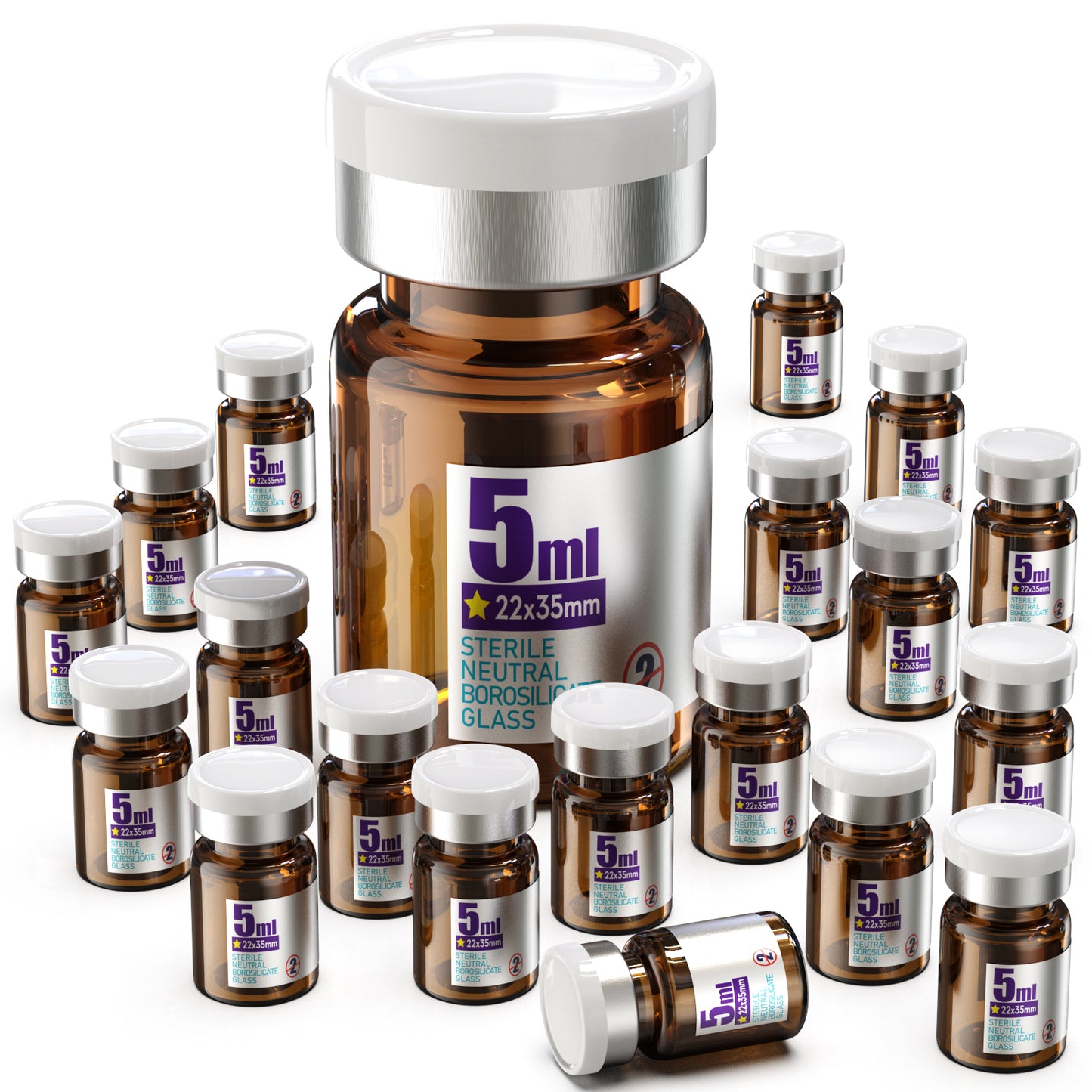 Sterile Glass Vials Sealed with Rubber Stopper and Burr-Free Aluminum Plastics Cap,Clear Borosilicate Glass Storage Vial,Individually Packaged 20pcs