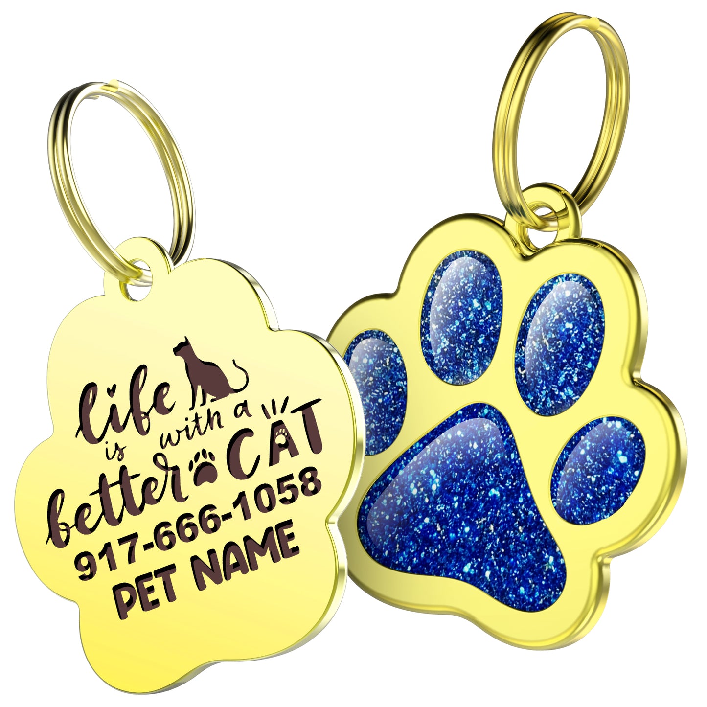 Custom Pet ID Tag Glitter Paw Personalized Laser Engraving Name on Stainless Steel Pink Rosy Blue Gold Gift for Small Medium Large Dogs Cats