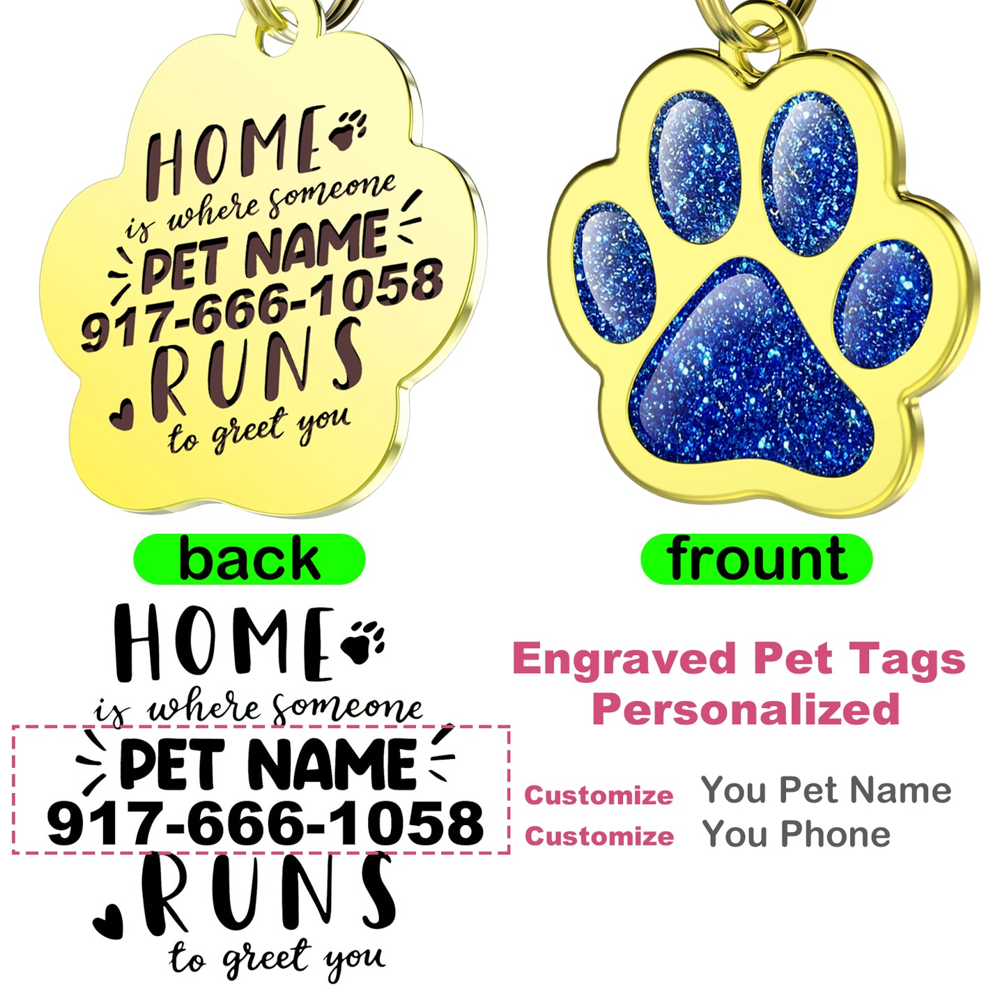 Custom Pet ID Tag Glitter Paw Personalized Laser Engraving Name on Stainless Steel Pink Rosy Blue Gold Gift for Small Medium Large Dogs Cats