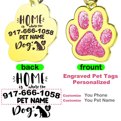 Custom Pet ID Tag Glitter Paw Personalized Laser Engraving Name on Stainless Steel Pink Rosy Blue Gold Gift for Small Medium Large Dogs Cats