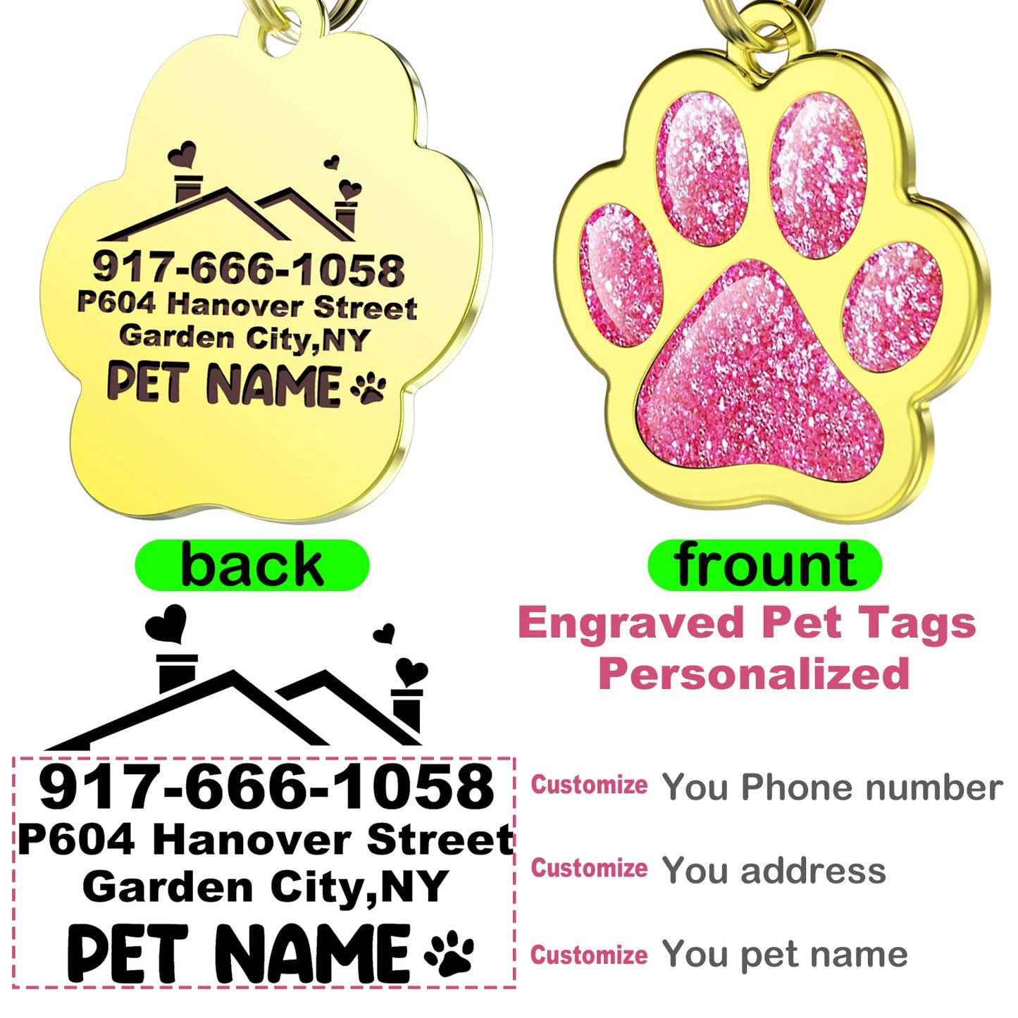 Custom Pet ID Tag Glitter Paw Personalized Laser Engraving Name on Stainless Steel Pink Rosy Blue Gold Gift for Small Medium Large Dogs Cats