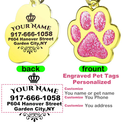 Custom Pet ID Tag Glitter Paw Personalized Laser Engraving Name on Stainless Steel Pink Rosy Blue Gold Gift for Small Medium Large Dogs Cats