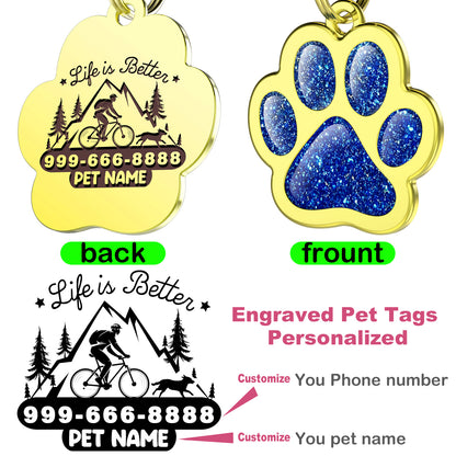 Custom Pet ID Tag Glitter Paw Personalized Laser Engraving Name on Stainless Steel Pink Rosy Blue Gold Gift for Small Medium Large Dogs Cats