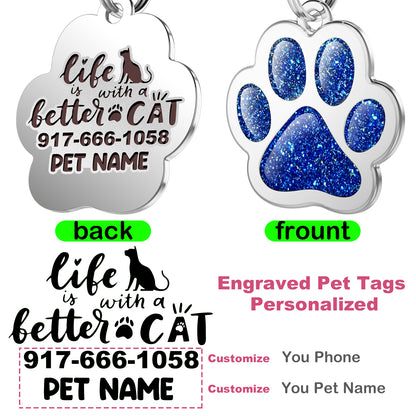 Custom Pet ID Tag Glitter Paw Personalized Laser Engraving Name on Stainless Steel Pink Rosy Blue Gold Gift for Small Medium Large Dogs Cats