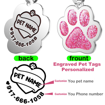 Custom Pet ID Tag Glitter Paw Personalized Laser Engraving Name on Stainless Steel Pink Rosy Blue Gold Gift for Small Medium Large Dogs Cats