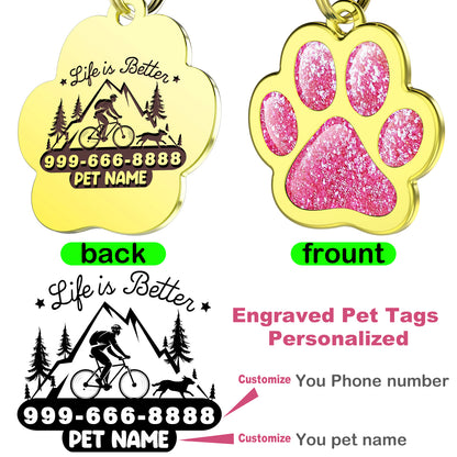 Custom Pet ID Tag Glitter Paw Personalized Laser Engraving Name on Stainless Steel Pink Rosy Blue Gold Gift for Small Medium Large Dogs Cats