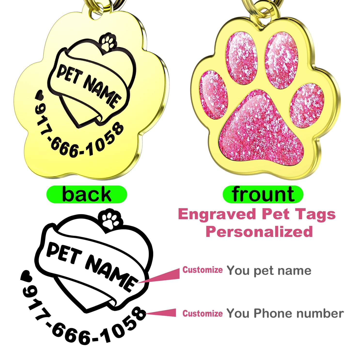 Custom Pet ID Tag Glitter Paw Personalized Laser Engraving Name on Stainless Steel Pink Rosy Blue Gold Gift for Small Medium Large Dogs Cats