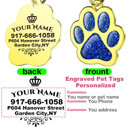 Custom Pet ID Tag Glitter Paw Personalized Laser Engraving Name on Stainless Steel Pink Rosy Blue Gold Gift for Small Medium Large Dogs Cats