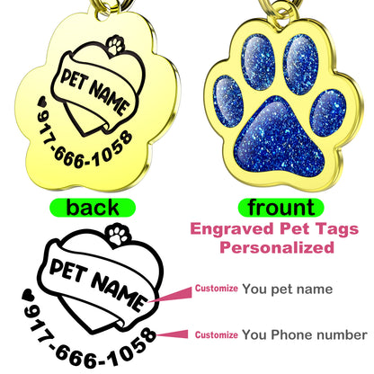 Custom Pet ID Tag Glitter Paw Personalized Laser Engraving Name on Stainless Steel Pink Rosy Blue Gold Gift for Small Medium Large Dogs Cats