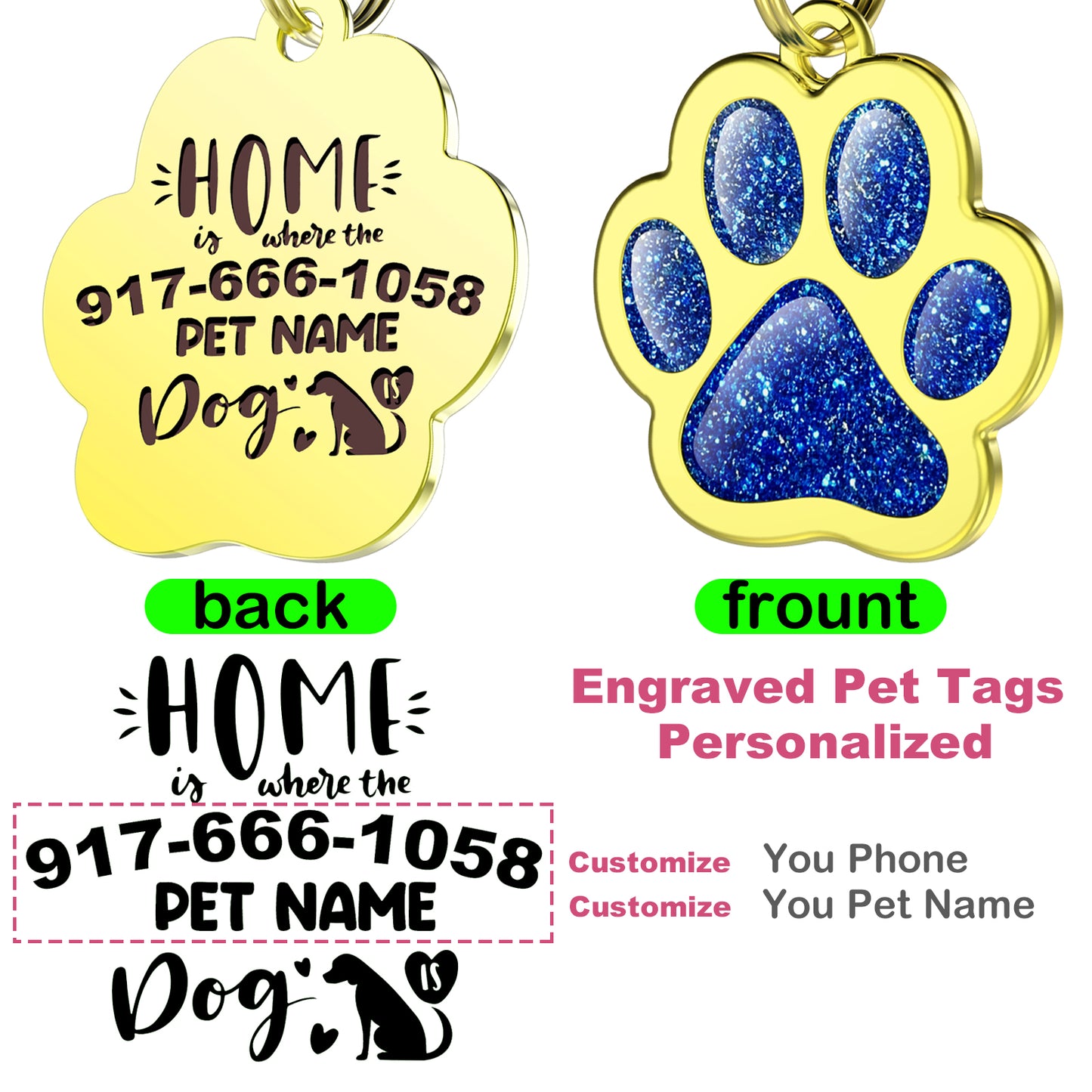 Custom Pet ID Tag Glitter Paw Personalized Laser Engraving Name on Stainless Steel Pink Rosy Blue Gold Gift for Small Medium Large Dogs Cats