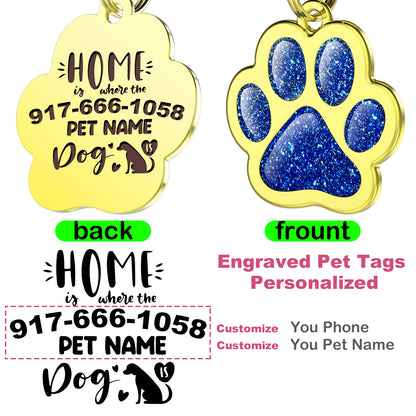 Custom Pet ID Tag Glitter Paw Personalized Laser Engraving Name on Stainless Steel Pink Rosy Blue Gold Gift for Small Medium Large Dogs Cats