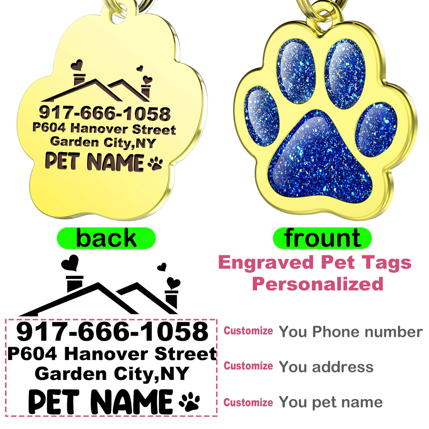 Custom Pet ID Tag Glitter Paw Personalized Laser Engraving Name on Stainless Steel Pink Rosy Blue Gold Gift for Small Medium Large Dogs Cats