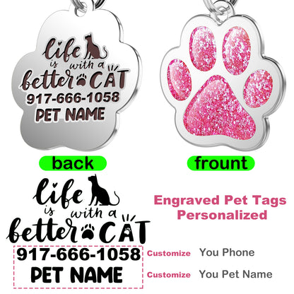 Custom Pet ID Tag Glitter Paw Personalized Laser Engraving Name on Stainless Steel Pink Rosy Blue Gold Gift for Small Medium Large Dogs Cats