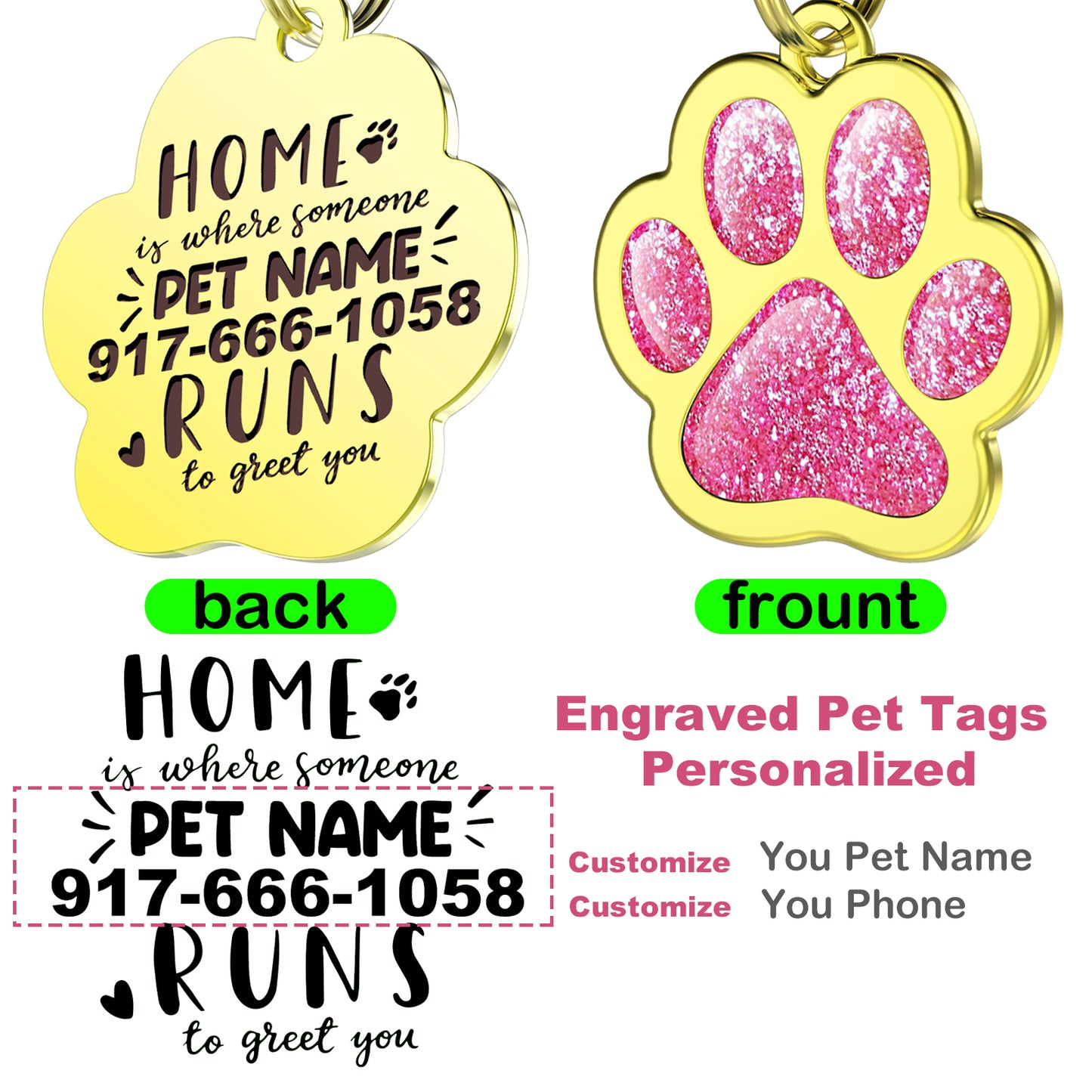 Custom Pet ID Tag Glitter Paw Personalized Laser Engraving Name on Stainless Steel Pink Rosy Blue Gold Gift for Small Medium Large Dogs Cats