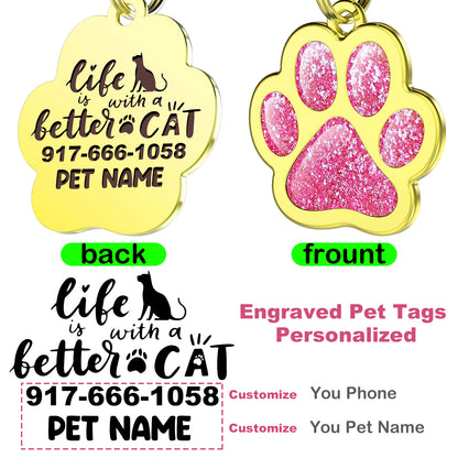 Custom Pet ID Tag Glitter Paw Personalized Laser Engraving Name on Stainless Steel Pink Rosy Blue Gold Gift for Small Medium Large Dogs Cats